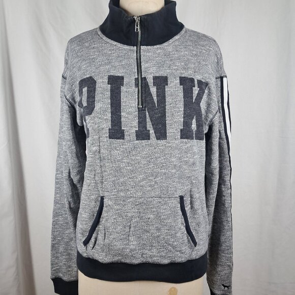 V/S PINK Limited Edition  XS Quarter Zip Pullover Front Pocket Fleece Gray White - Picture 2 of 11